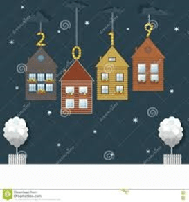 Houses forming the word 2019 appearing as Christmas ornaments