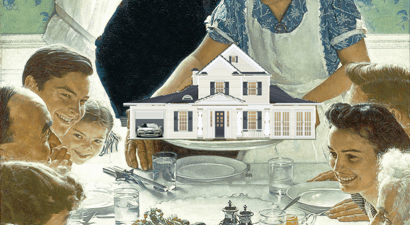A family around a thanksgiving dinner table, a woman serving a small house on a platter